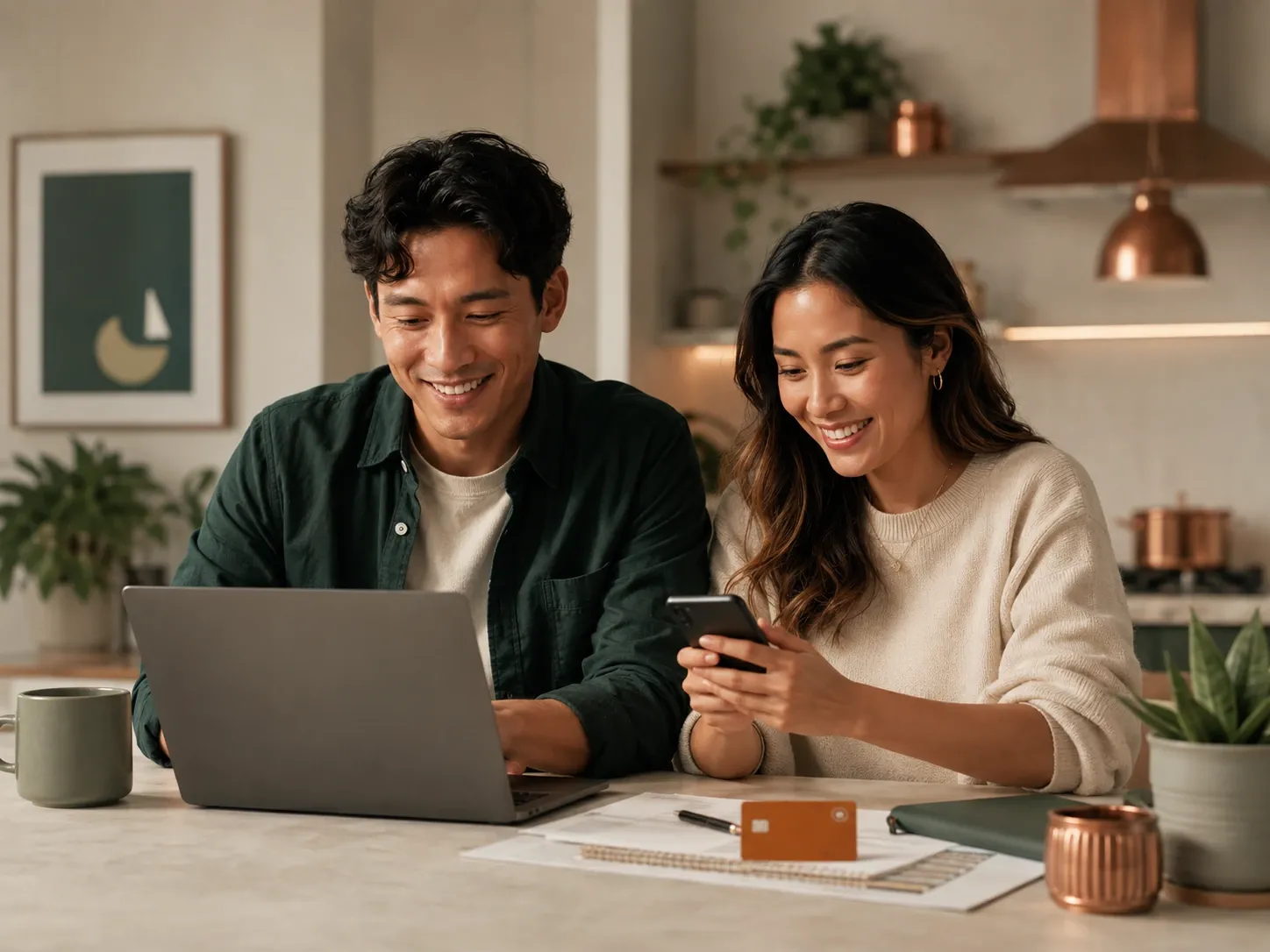 A couple planning at a kitchen table